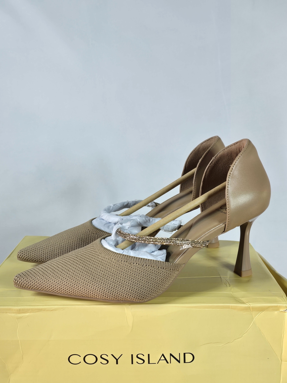 Cosy Island Women's Tan Mesh Pointed Toe Heels with Embellished Strap Size 7